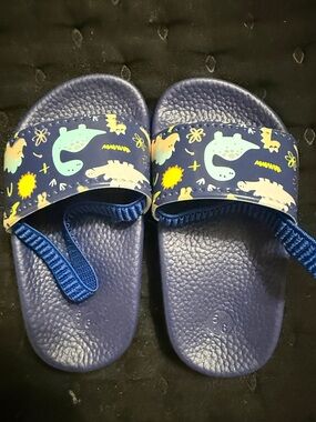 Kids Navy Dinosaur Slide Sandals with Heel Strap